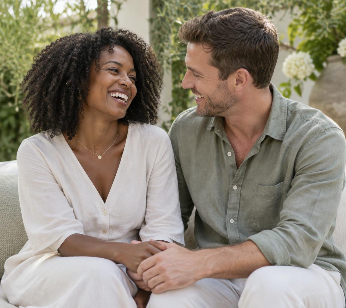 A couple laughing and holding hands in a garden